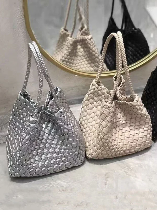 Solid Color Split-Joint Woven Bags Handbags - Image 5