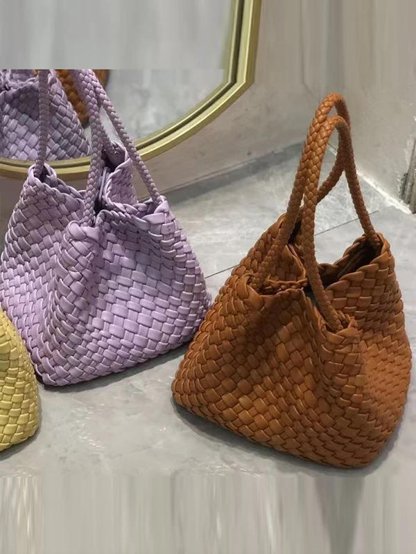 Solid Color Split-Joint Woven Bags Handbags - Image 6