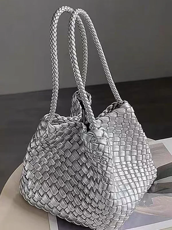 Solid Color Split-Joint Woven Bags Handbags - Image 7