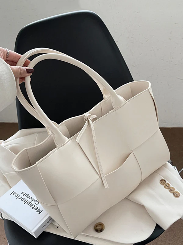 Solid Color Split-Joint Woven Shoulder Bags Handbags - Image 12