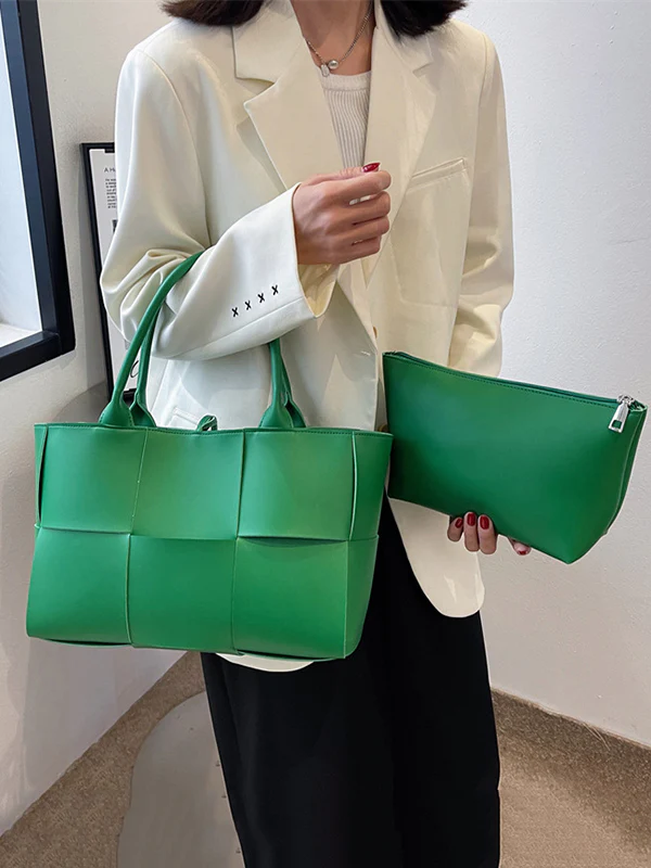 Solid Color Split-Joint Woven Shoulder Bags Handbags - Image 2