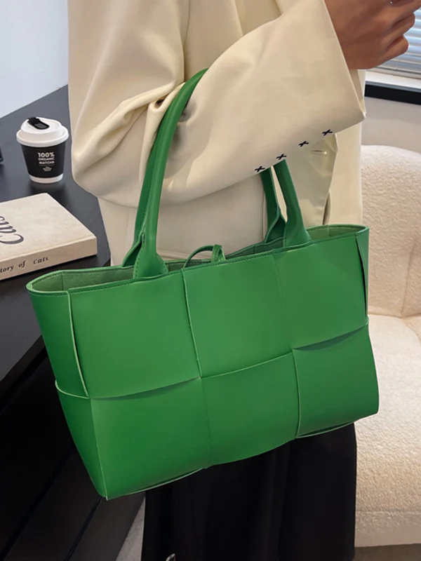 Solid Color Split-Joint Woven Shoulder Bags Handbags - Image 3