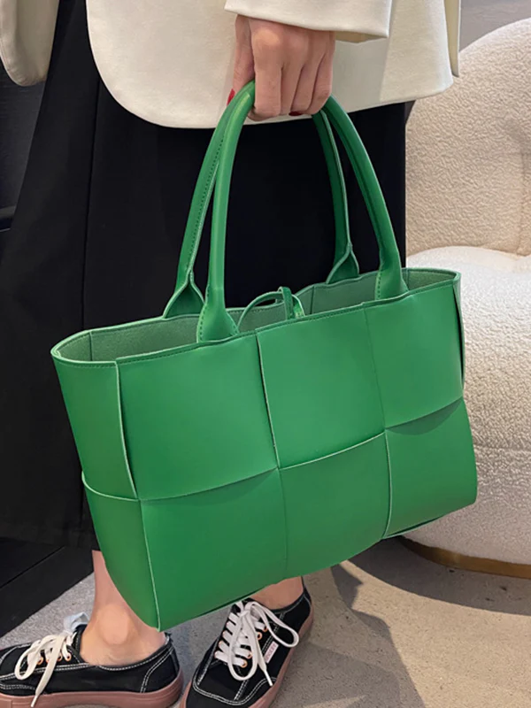 Solid Color Split-Joint Woven Shoulder Bags Handbags - Image 4