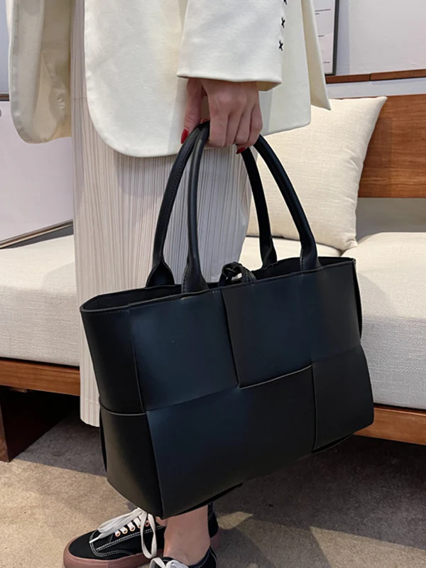 Solid Color Split-Joint Woven Shoulder Bags Handbags - Image 5