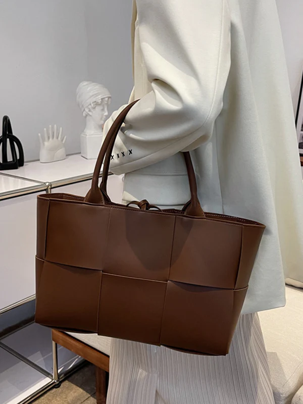 Solid Color Split-Joint Woven Shoulder Bags Handbags - Image 7