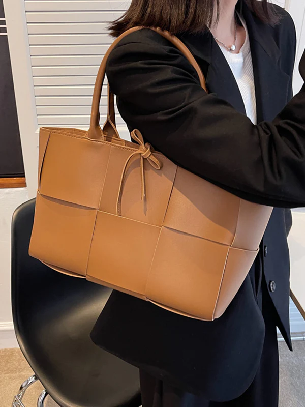 Solid Color Split-Joint Woven Shoulder Bags Handbags - Image 9