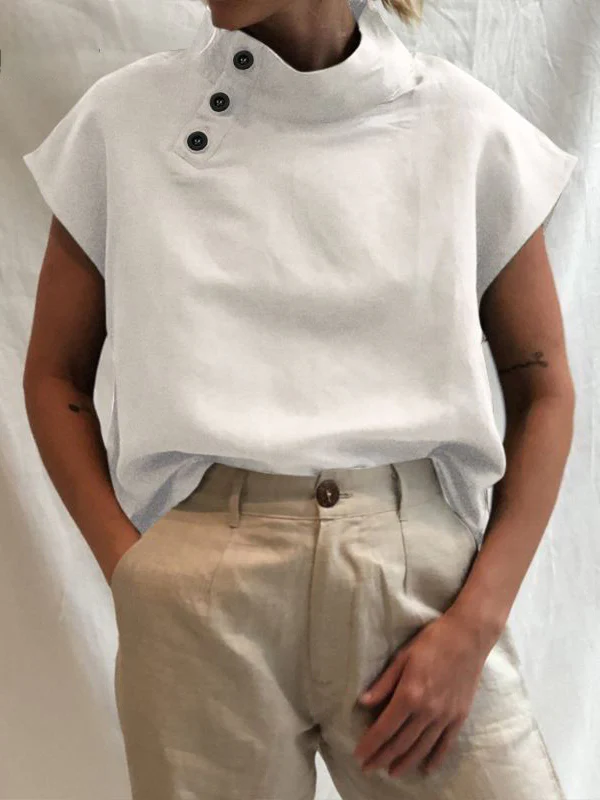 Solid Color Stand Collar Cap-Sleeve Shirts - Image 2