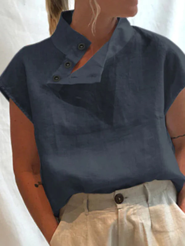 Solid Color Stand Collar Cap-Sleeve Shirts - Image 3