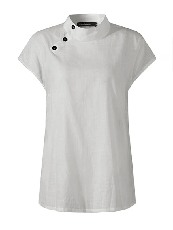 Solid Color Stand Collar Cap-Sleeve Shirts - Image 4