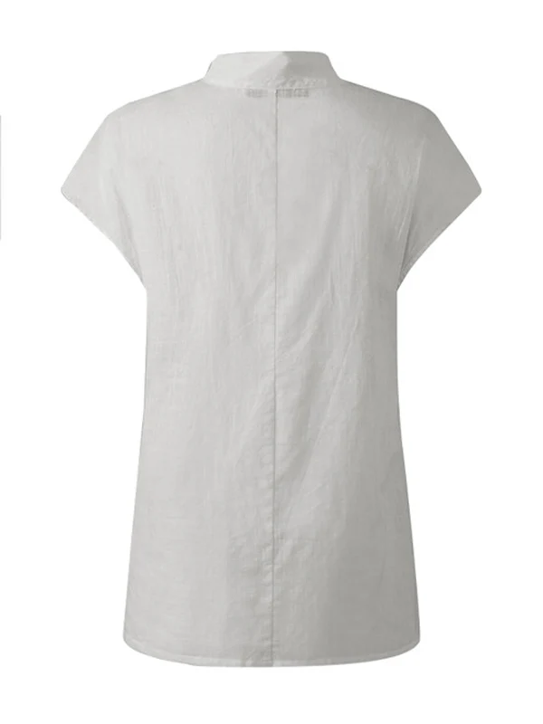 Solid Color Stand Collar Cap-Sleeve Shirts - Image 5