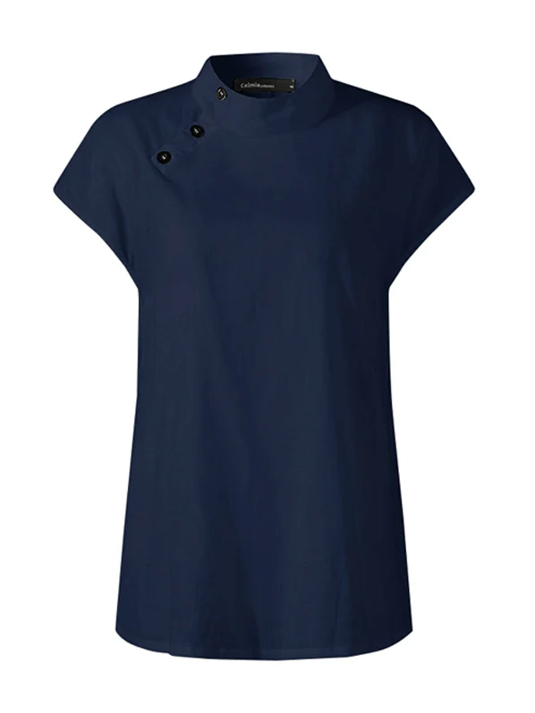 Solid Color Stand Collar Cap-Sleeve Shirts - Image 6