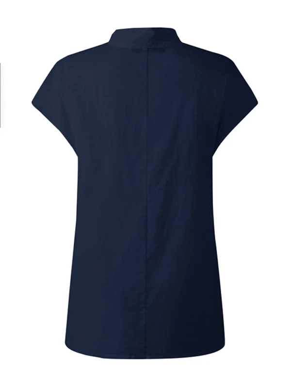 Solid Color Stand Collar Cap-Sleeve Shirts - Image 7