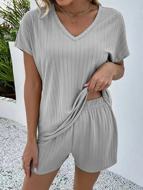 Solid Color Striped Short Sleeves T-Shirt + Elasticity Shorts Pajama Sets - Image 3