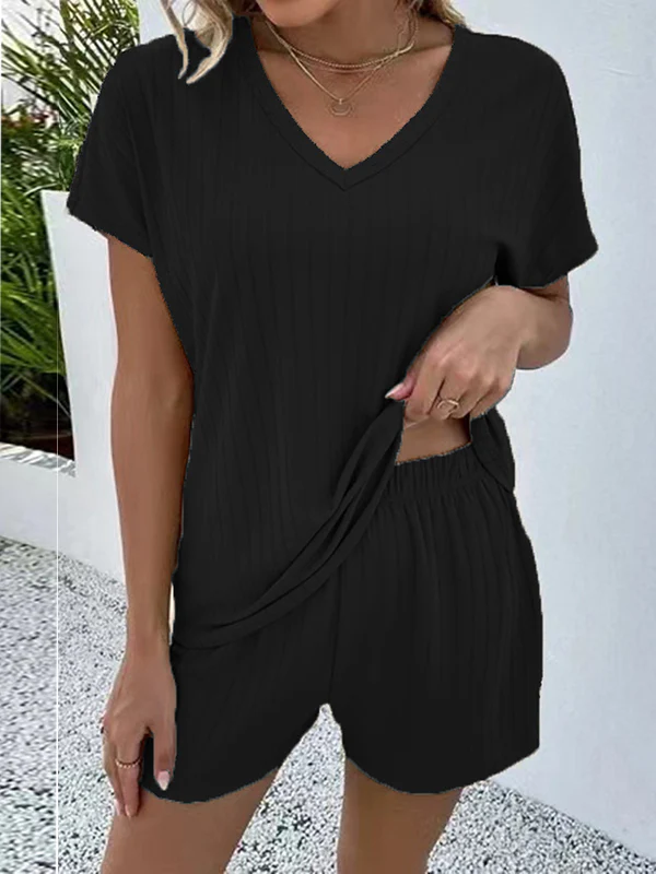 Solid Color Striped Short Sleeves T-Shirt + Elasticity Shorts Pajama Sets - Image 4