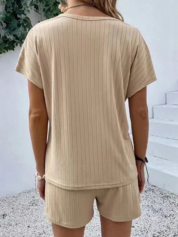 Solid Color Striped Short Sleeves T-Shirt + Elasticity Shorts Pajama Sets - Image 5