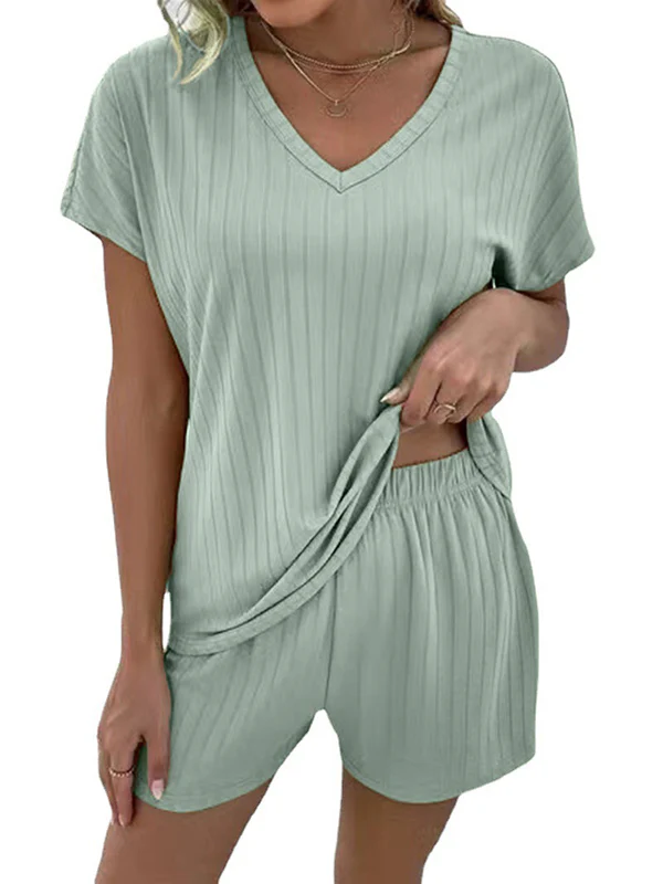 Solid Color Striped Short Sleeves T-Shirt + Elasticity Shorts Pajama Sets - Image 6