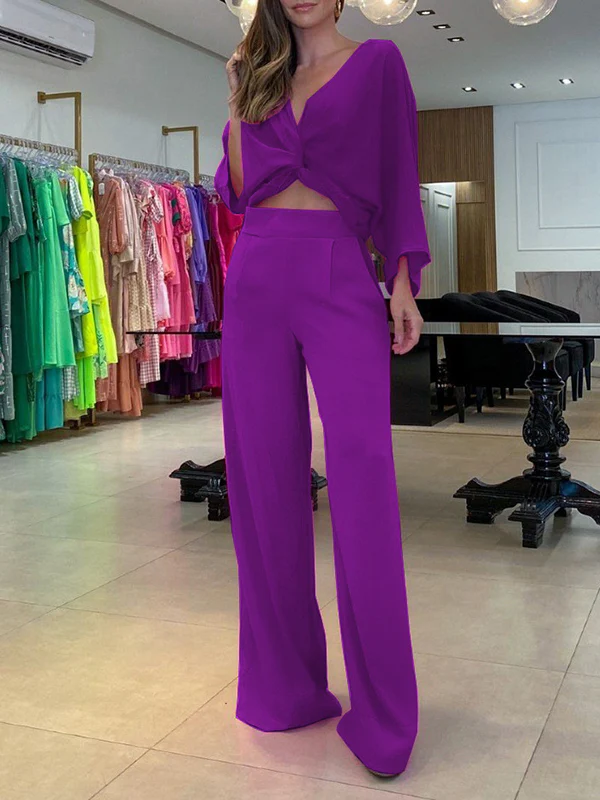 Solid Color Triangle Bras + Three-Quarter Sleeves Blouse + Pants Trousers Three Pieces Set - Image 2
