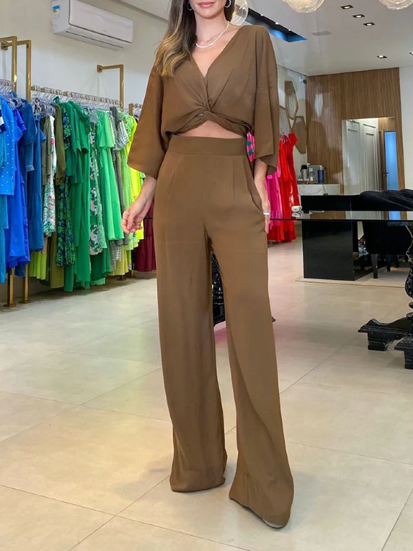 Solid Color Triangle Bras + Three-Quarter Sleeves Blouse + Pants Trousers Three Pieces Set - Image 3