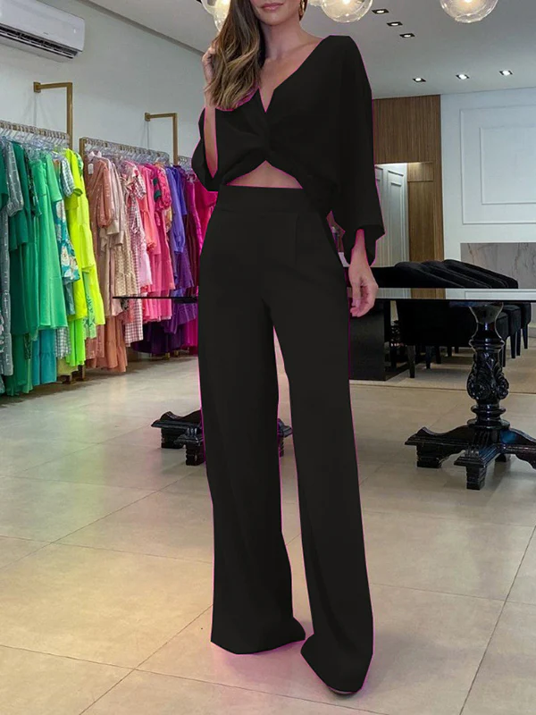 Solid Color Triangle Bras + Three-Quarter Sleeves Blouse + Pants Trousers Three Pieces Set - Image 4