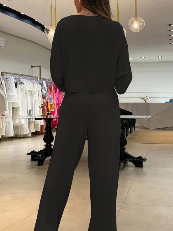 Solid Color Triangle Bras + Three-Quarter Sleeves Blouse + Pants Trousers Three Pieces Set - Image 5