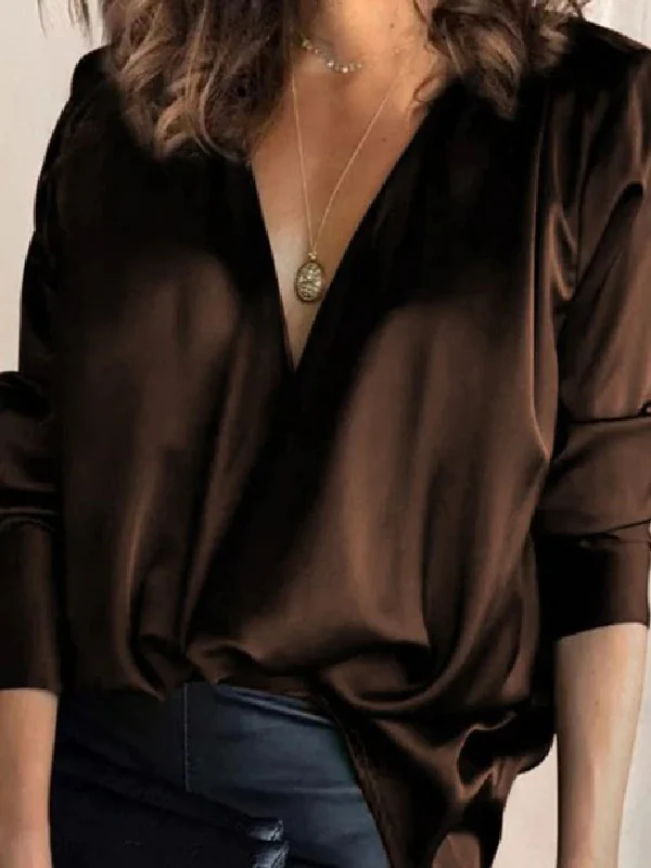 Solid Color V-Neck Long Sleeves Blouse Shirt Top - Image 2