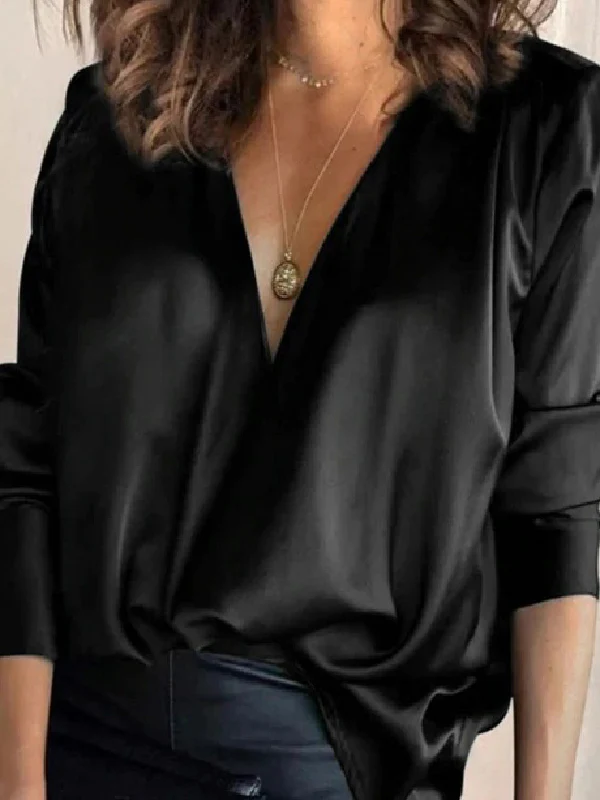 Solid Color V-Neck Long Sleeves Blouse Shirt Top - Image 3