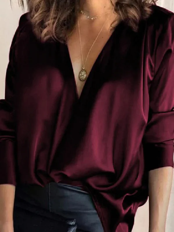 Solid Color V-Neck Long Sleeves Blouse Shirt Top - Image 4