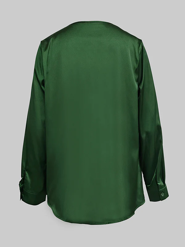 Solid Color V-Neck Long Sleeves Blouse Shirt Top - Image 7