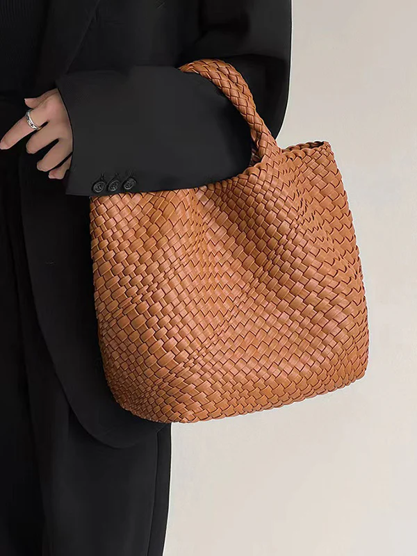 Solid Color Woven Tote Bags Handbags - Image 2