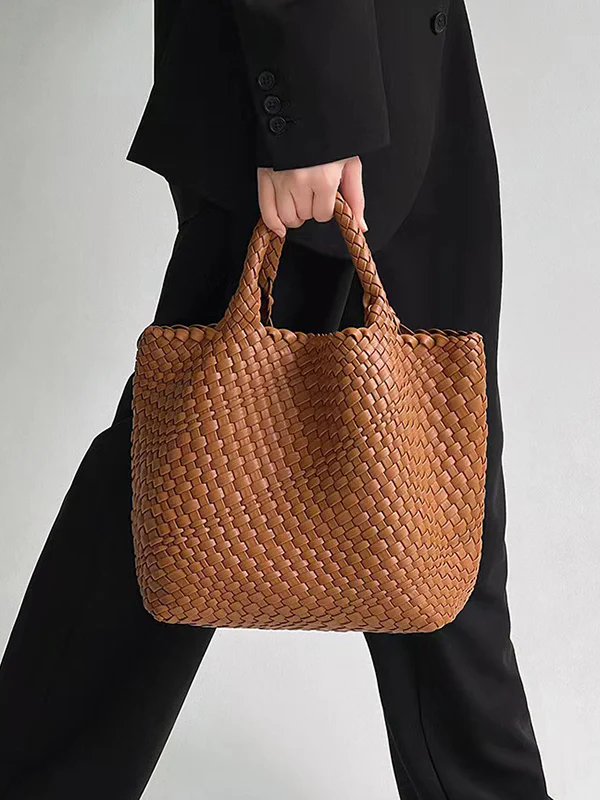 Solid Color Woven Tote Bags Handbags - Image 3