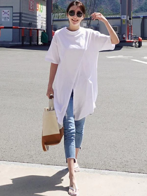 Solid Loose Simple Split-Front T-Shirt Top - Image 3