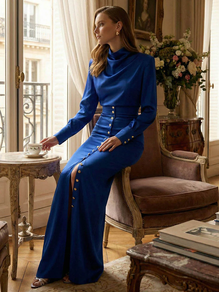 Split-Joint Heaps Collar Long Sleeves Pleated Blouses&Shirts Tops + Elasticated Waist Asymmetric Buttoned  Contrast Color Split-Side Zipper Skirts Bottoms Two Pieces Set - Image 10