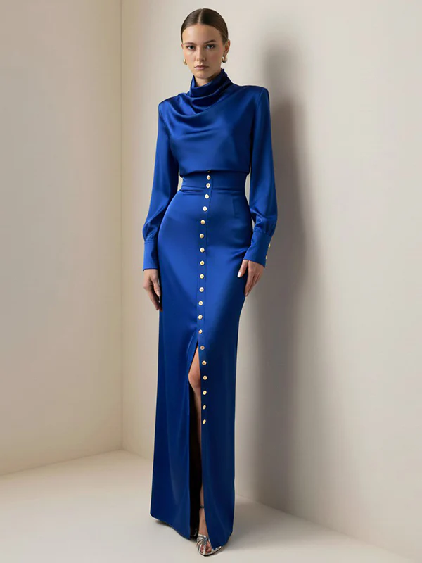 Split-Joint Heaps Collar Long Sleeves Pleated Blouses&Shirts Tops + Elasticated Waist Asymmetric Buttoned  Contrast Color Split-Side Zipper Skirts Bottoms Two Pieces Set - Image 11