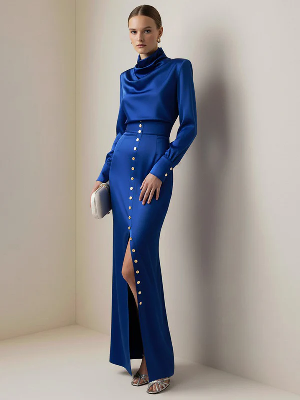 Split-Joint Heaps Collar Long Sleeves Pleated Blouses&Shirts Tops + Elasticated Waist Asymmetric Buttoned  Contrast Color Split-Side Zipper Skirts Bottoms Two Pieces Set - Image 12