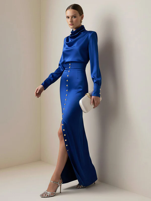 Split-Joint Heaps Collar Long Sleeves Pleated Blouses&Shirts Tops + Elasticated Waist Asymmetric Buttoned  Contrast Color Split-Side Zipper Skirts Bottoms Two Pieces Set - Image 13