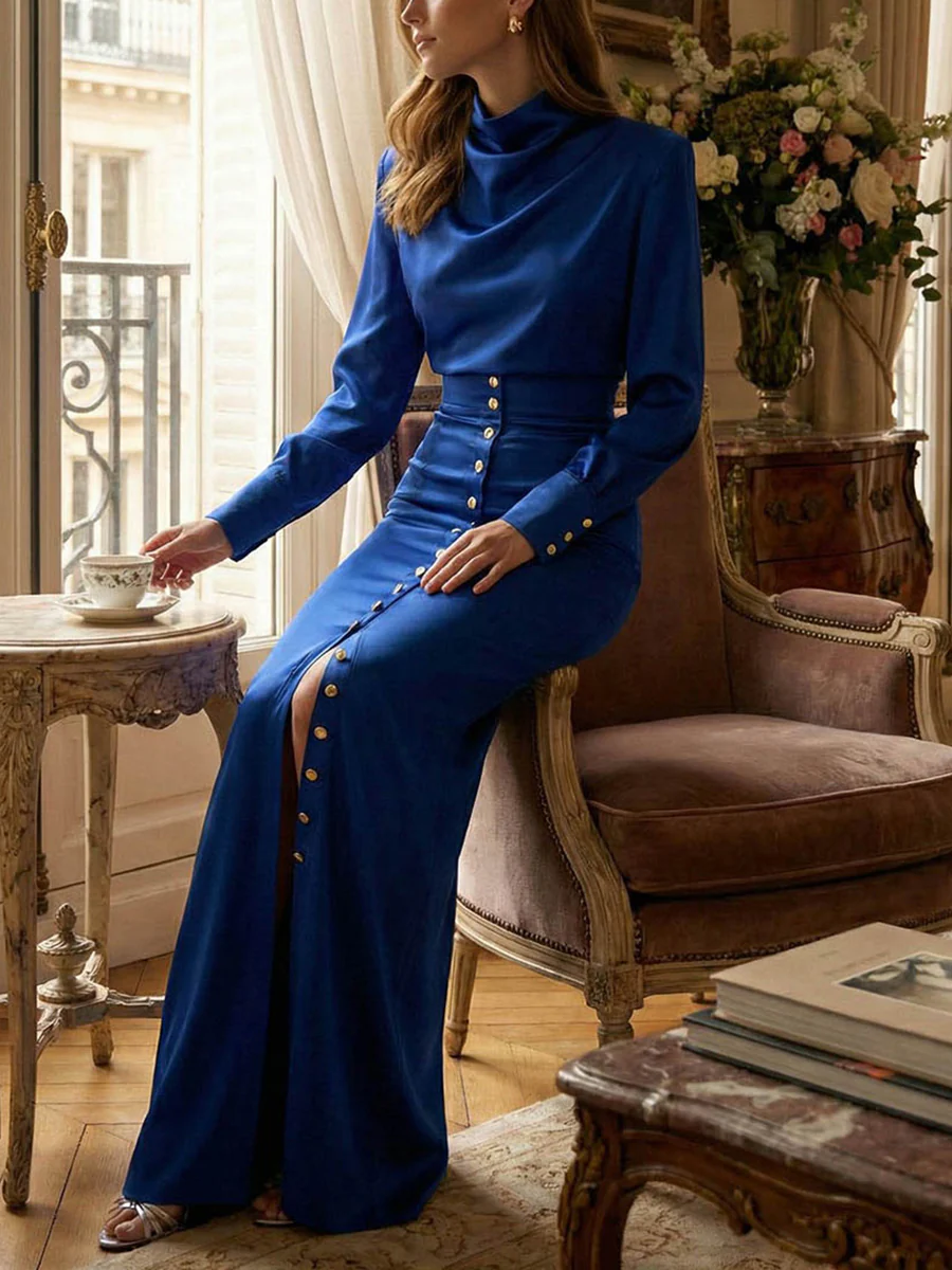Split-Joint Heaps Collar Long Sleeves Pleated Blouses&Shirts Tops + Elasticated Waist Asymmetric Buttoned  Contrast Color Split-Side Zipper Skirts Bottoms Two Pieces Set - Image 2