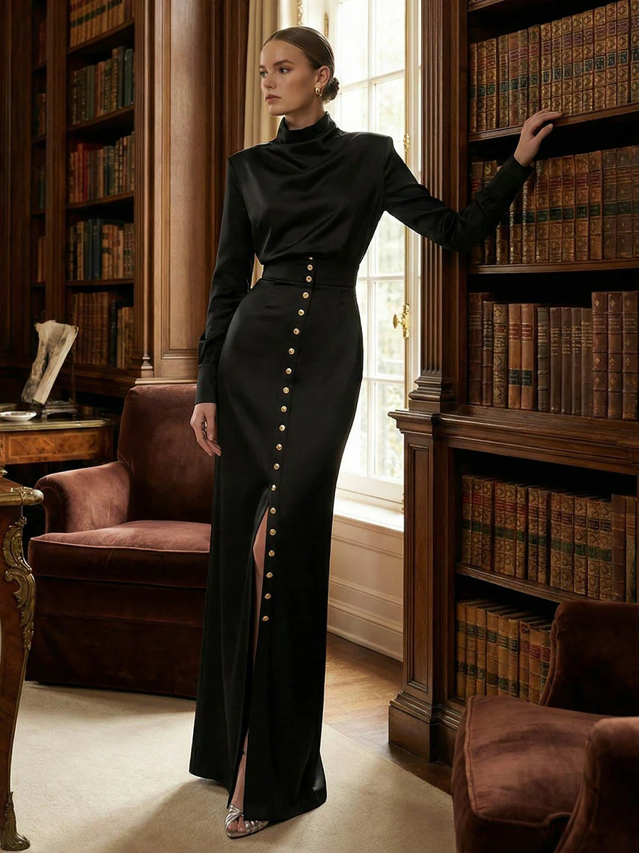 Split-Joint Heaps Collar Long Sleeves Pleated Blouses&Shirts Tops + Elasticated Waist Asymmetric Buttoned  Contrast Color Split-Side Zipper Skirts Bottoms Two Pieces Set - Image 3