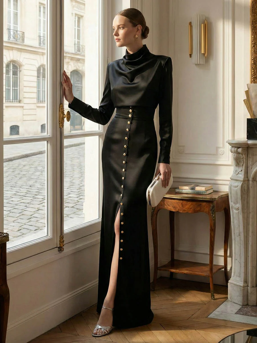 Split-Joint Heaps Collar Long Sleeves Pleated Blouses&Shirts Tops + Elasticated Waist Asymmetric Buttoned  Contrast Color Split-Side Zipper Skirts Bottoms Two Pieces Set - Image 4