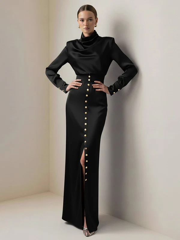 Split-Joint Heaps Collar Long Sleeves Pleated Blouses&Shirts Tops + Elasticated Waist Asymmetric Buttoned  Contrast Color Split-Side Zipper Skirts Bottoms Two Pieces Set - Image 5