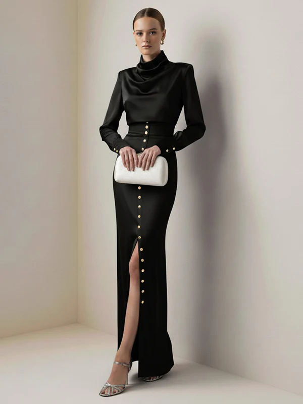 Split-Joint Heaps Collar Long Sleeves Pleated Blouses&Shirts Tops + Elasticated Waist Asymmetric Buttoned  Contrast Color Split-Side Zipper Skirts Bottoms Two Pieces Set - Image 6