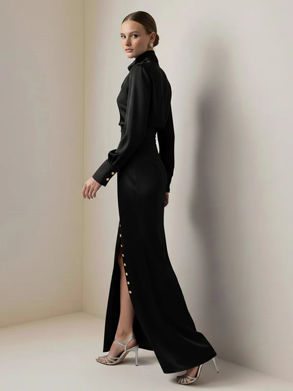 Split-Joint Heaps Collar Long Sleeves Pleated Blouses&Shirts Tops + Elasticated Waist Asymmetric Buttoned  Contrast Color Split-Side Zipper Skirts Bottoms Two Pieces Set - Image 7