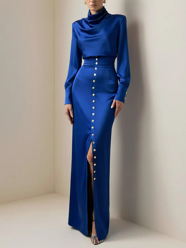 Split-Joint Heaps Collar Long Sleeves Pleated Blouses&Shirts Tops + Elasticated Waist Asymmetric Buttoned  Contrast Color Split-Side Zipper Skirts Bottoms Two Pieces Set - Image 8