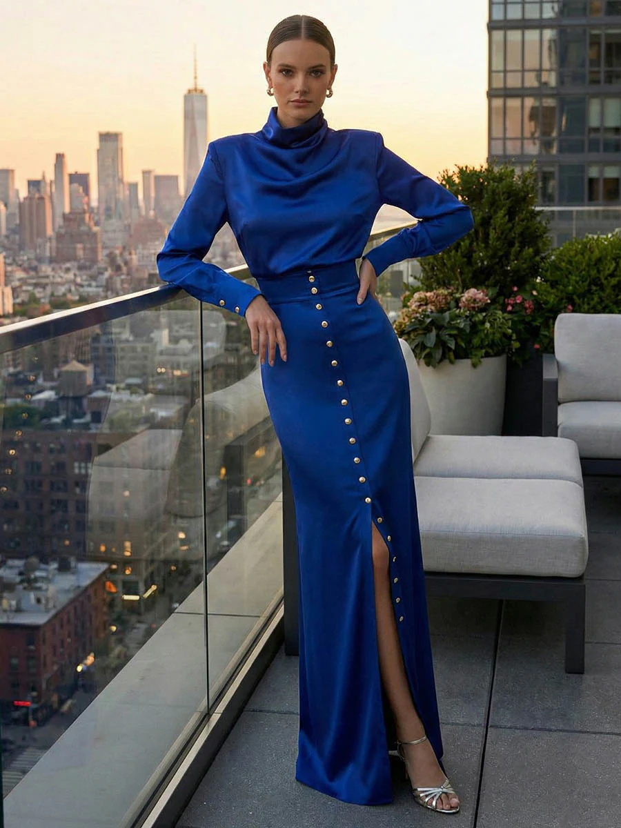 Split-Joint Heaps Collar Long Sleeves Pleated Blouses&Shirts Tops + Elasticated Waist Asymmetric Buttoned  Contrast Color Split-Side Zipper Skirts Bottoms Two Pieces Set - Image 9