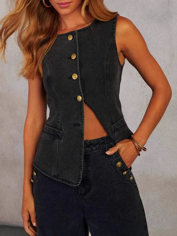 Sleeveless Split-Joint Round-Neck Vest Top - Image 2