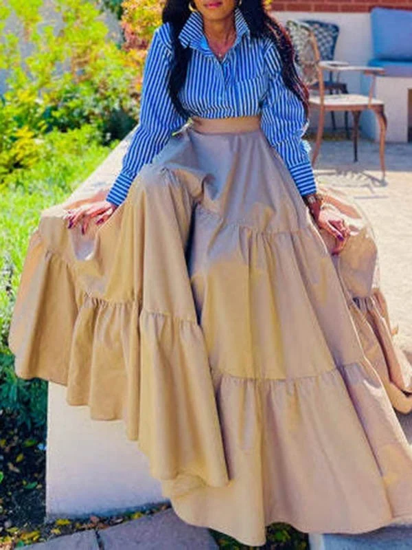 Split-Joint Striped Lapel Blouse + A-Line High Waisted Pleated Skirt Two Pieces Set - Image 2