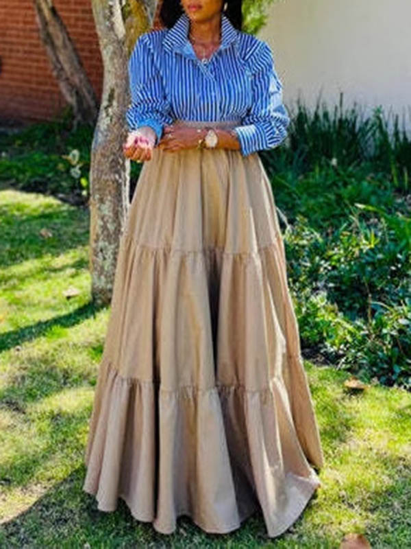 Split-Joint Striped Lapel Blouse + A-Line High Waisted Pleated Skirt Two Pieces Set - Image 3