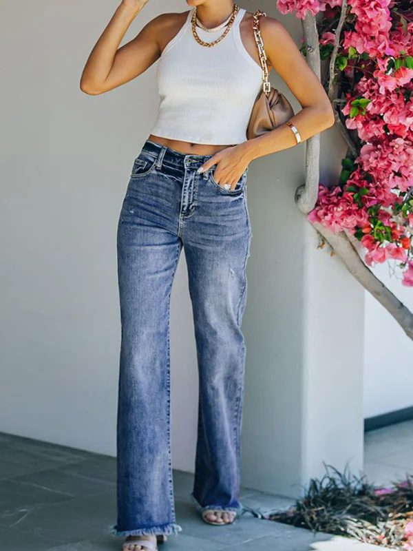 Straight Leg Fringed Gradient Split-Joint Jean Pants Bottoms - Image 3