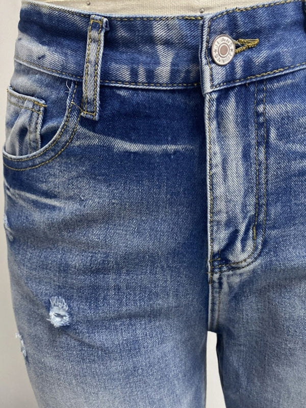 Straight Leg Fringed Gradient Split-Joint Jean Pants Bottoms - Image 6