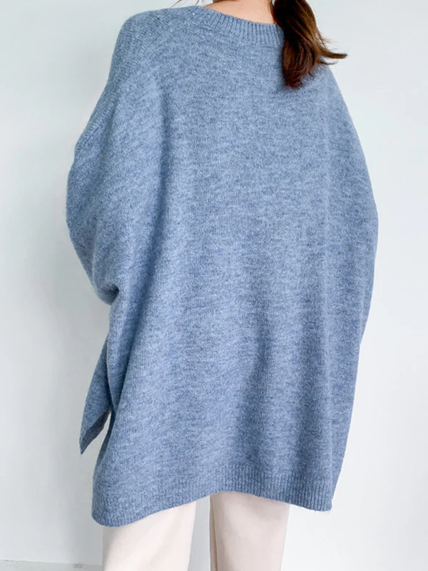 Stretch Mohair-Blend Balloon Sleeves Loose Solid Round-Neck Sweater Tops - Image 10