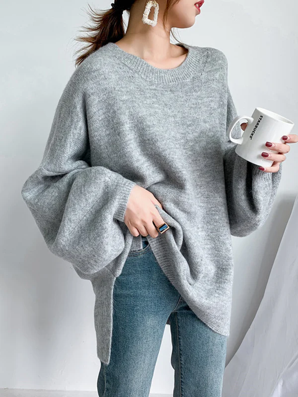 Stretch Mohair-Blend Balloon Sleeves Loose Solid Round-Neck Sweater Tops - Image 11